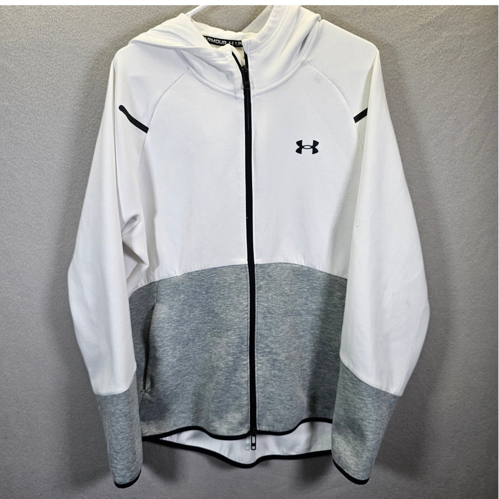 Under Armour White Gray Full Zip‎ Hooded Hoodie Jacket Athletic Tech LG